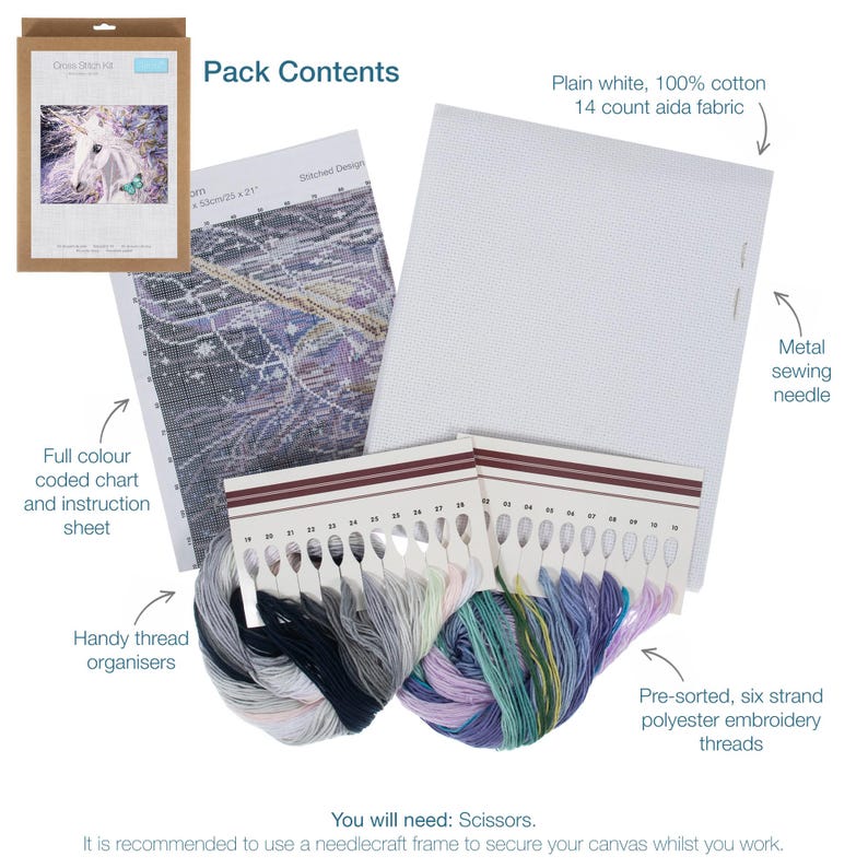 Trimits Extra Large Unicorn Counted Cross Stitch Kit-Product Contents