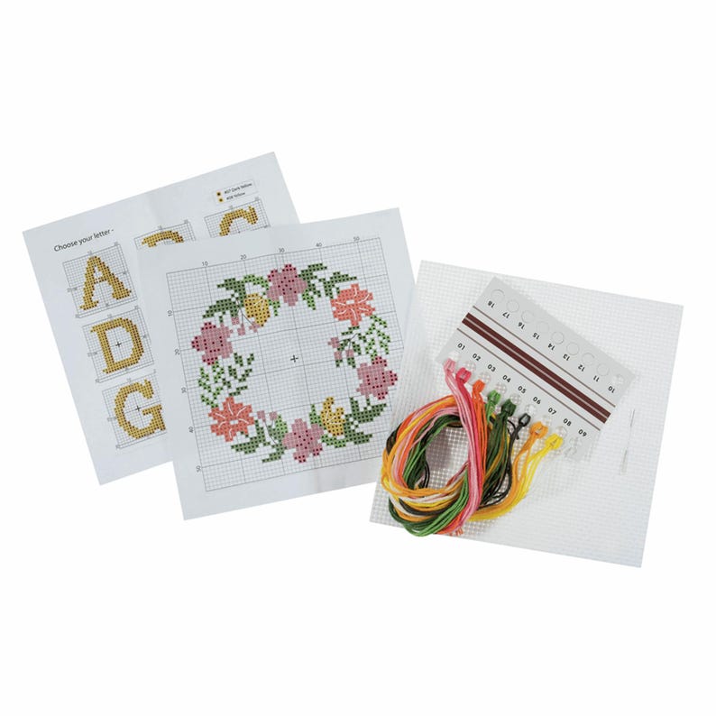 Trimits Mini Floral Wreath Monogram Cross Stitch Kit-Product Contents