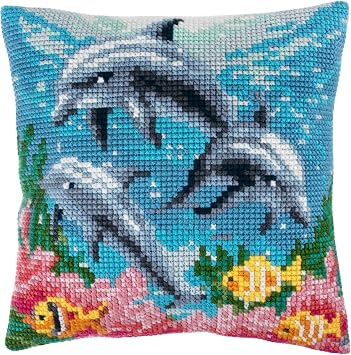 Trimits Dolphins Cushion Cover Printed Cross Stitch Kit-Finished Product