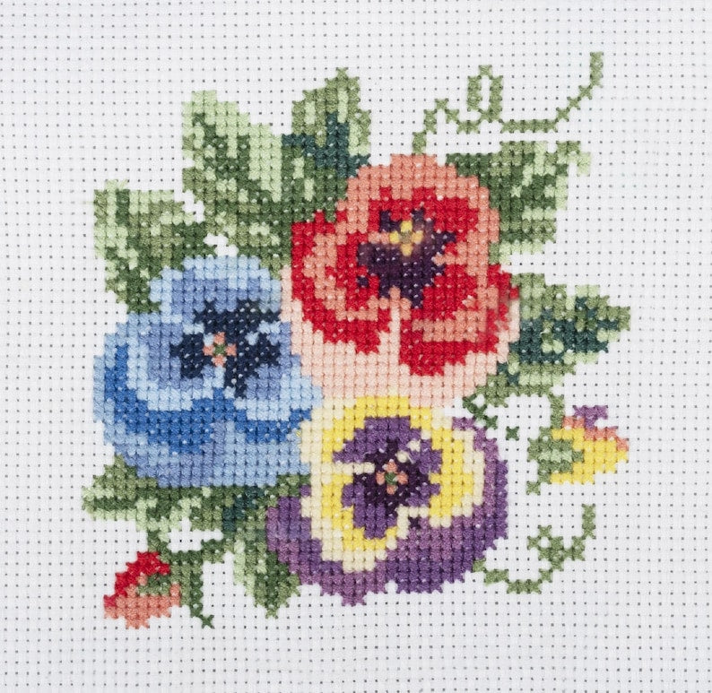Trimits Mini Pansies Cross Stitch Kit-Finished Product