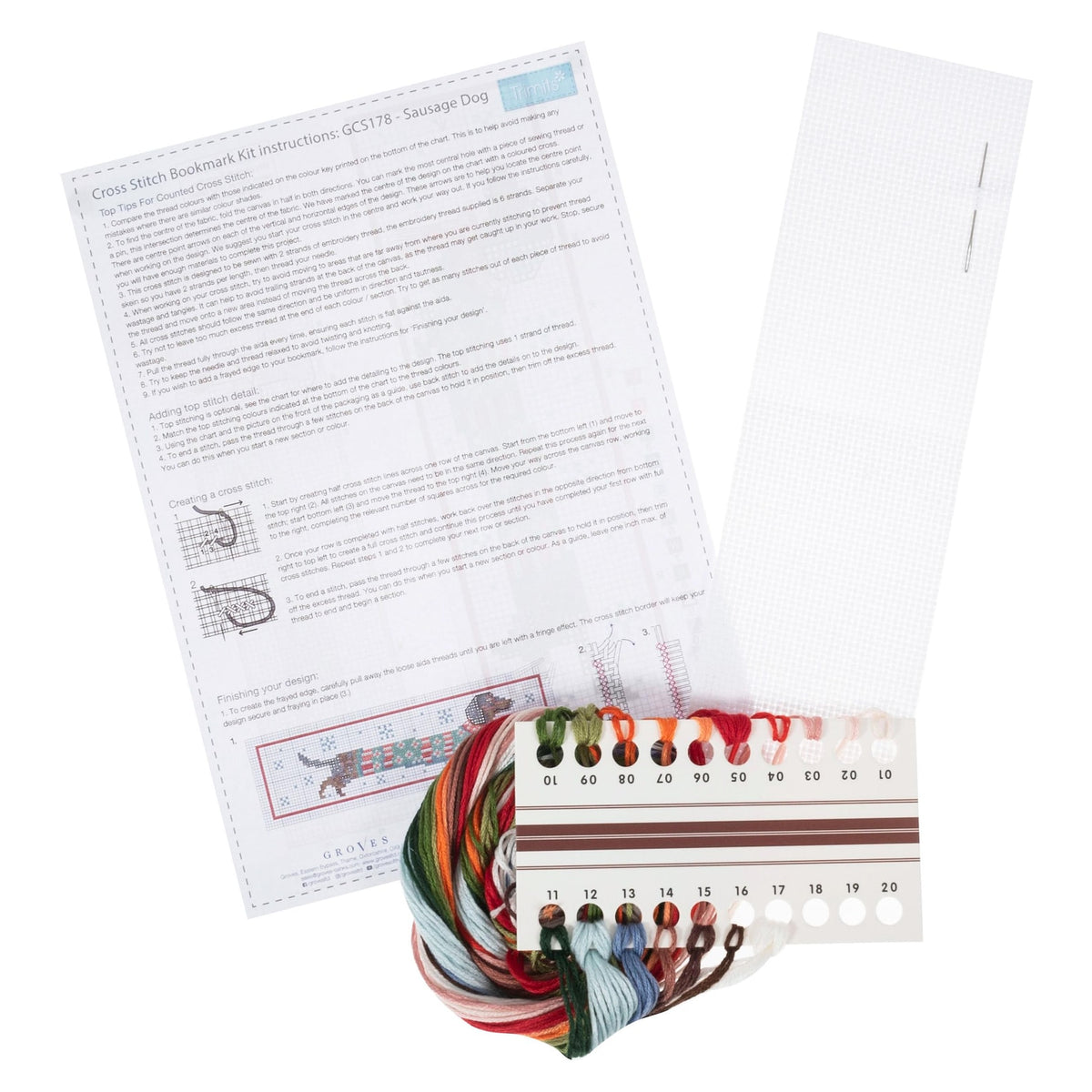 Trimits Sausage Dog Bookmark Counted Cross Stitch Kit-Product Contents