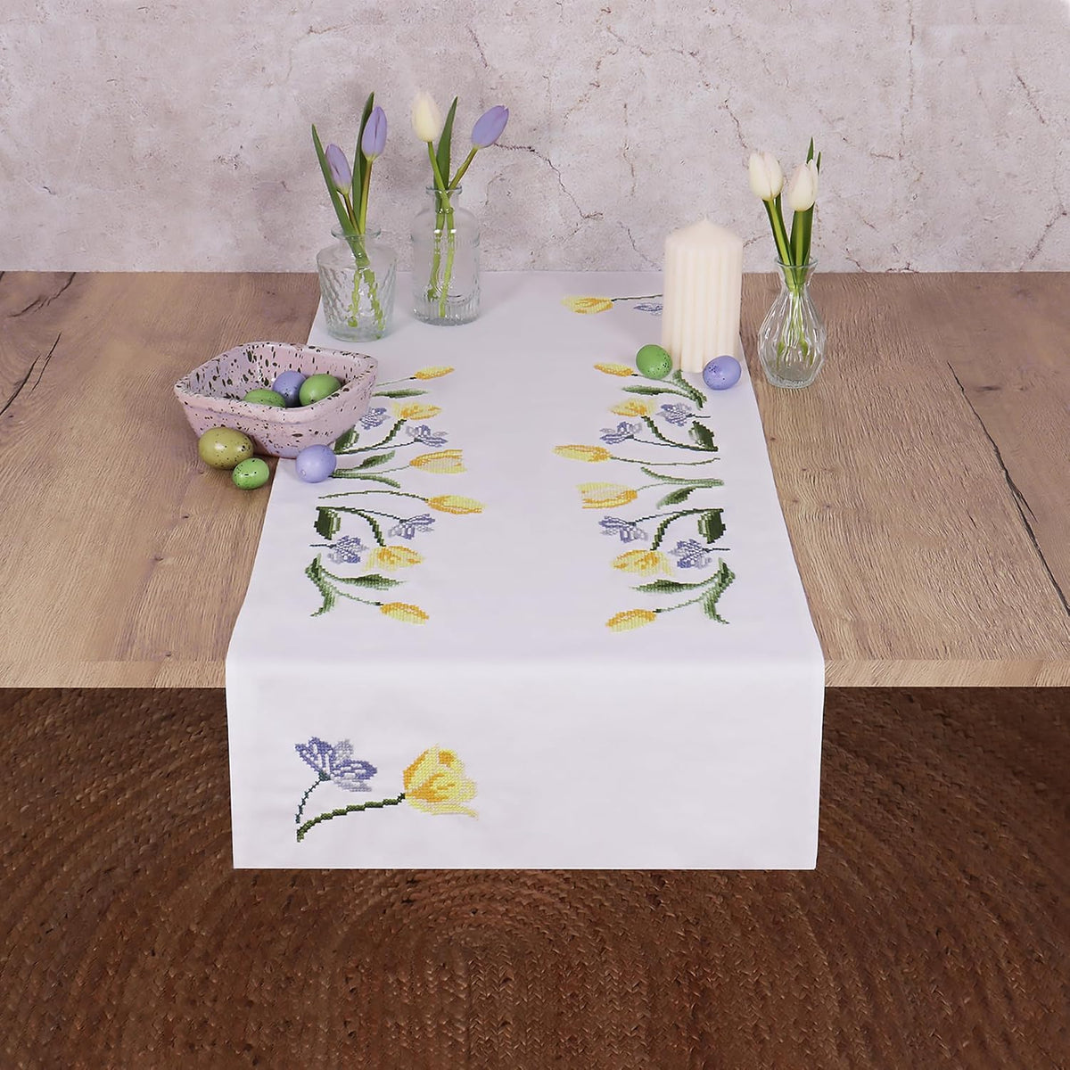 Trimits Tulips Table Runner Printed Cross Stitch Kit-Finished Product