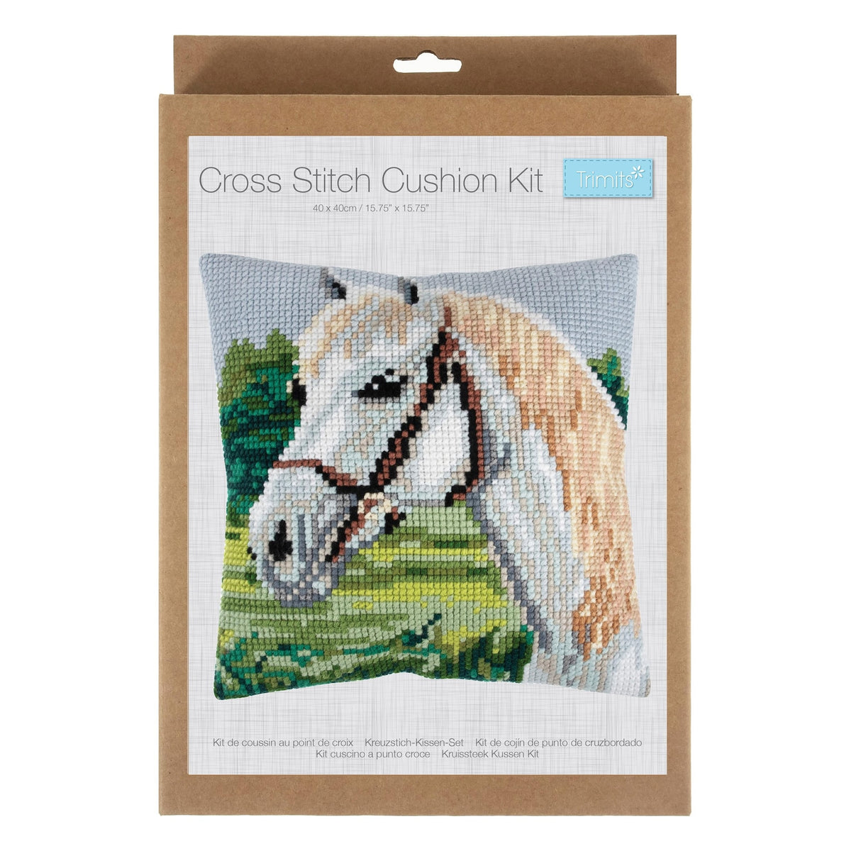 Trimits White Horse Cushion Cover Printed Cross Stitch Kit-Product Packaging